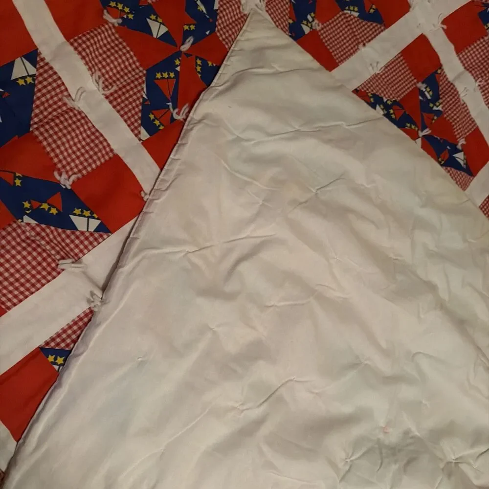 Vintage Estate Handmade Pinwheel Red Blocks Patchwork Quilt 94”x 80”. Beautiful!